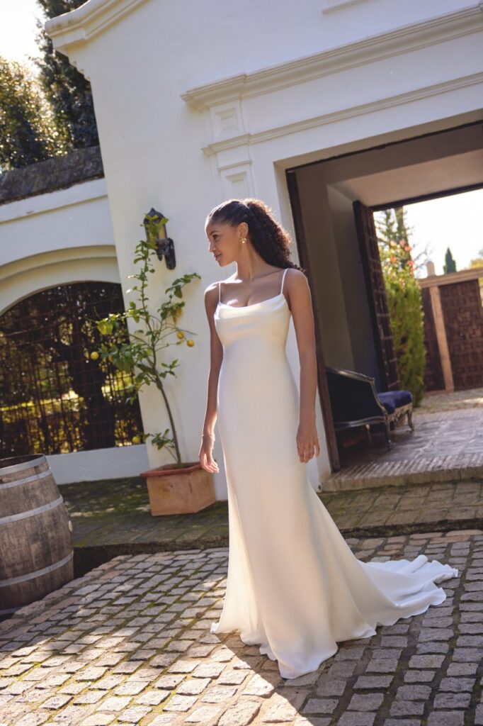 66416.Lillian West. Pure Bridal. Edmonton wedding shop, Edmonton bridal shop, Edmonton wedding dress.Stretch Crepe Fit and Flare with Scoop Neckline and Back Lace Detail, Spaghetti straps,