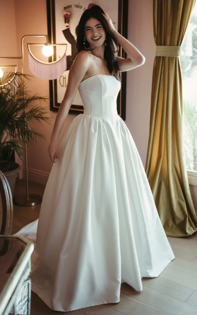 Style SY8274 by Stella York, a classic luminous Mikado satin strapless A-line wedding dress with a tailored architectural bodice, dropped waist, and hidden pockets, available in plus sizes at Pure Bridal Edmonton bridal boutique.