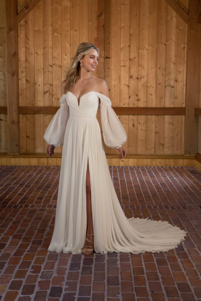 D3636-Essense of Austalia-Pure Bridal-puffy off the shoulder sleeves, chiffon gown, edmonton wedding dress, edmonton bridal shop