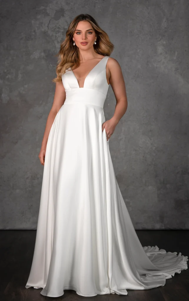 Essense of Australia Style D4359 sleek satin A line wedding dress with a plunging V neckline, thick waistband, and a pleated skirt with pockets, available in plus size at Pure Bridal in Edmonton.