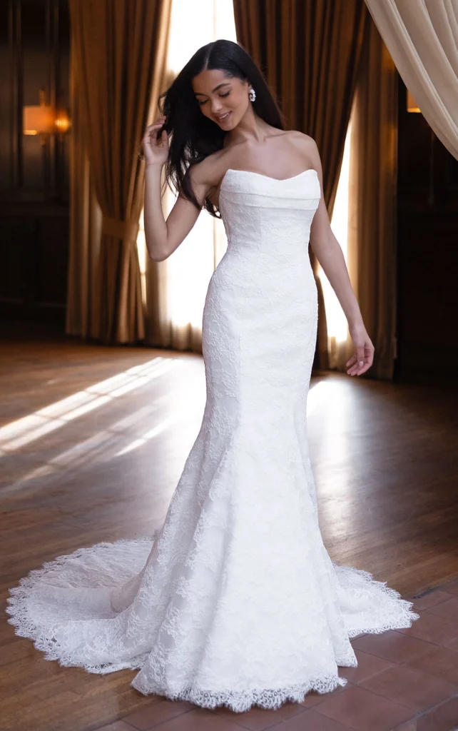 Essense of Australia Style D4522, a timeless strapless fit-and-flare wedding dress with corded lace, available at Pure Bridal in Edmonton.