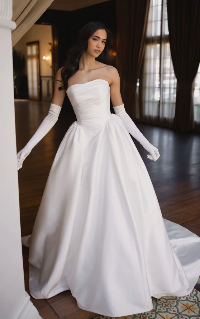 Essense of Australia Style D4602 minimalist strapless Mikado ballgown with a basque waist at Pure Bridal in Edmonton.