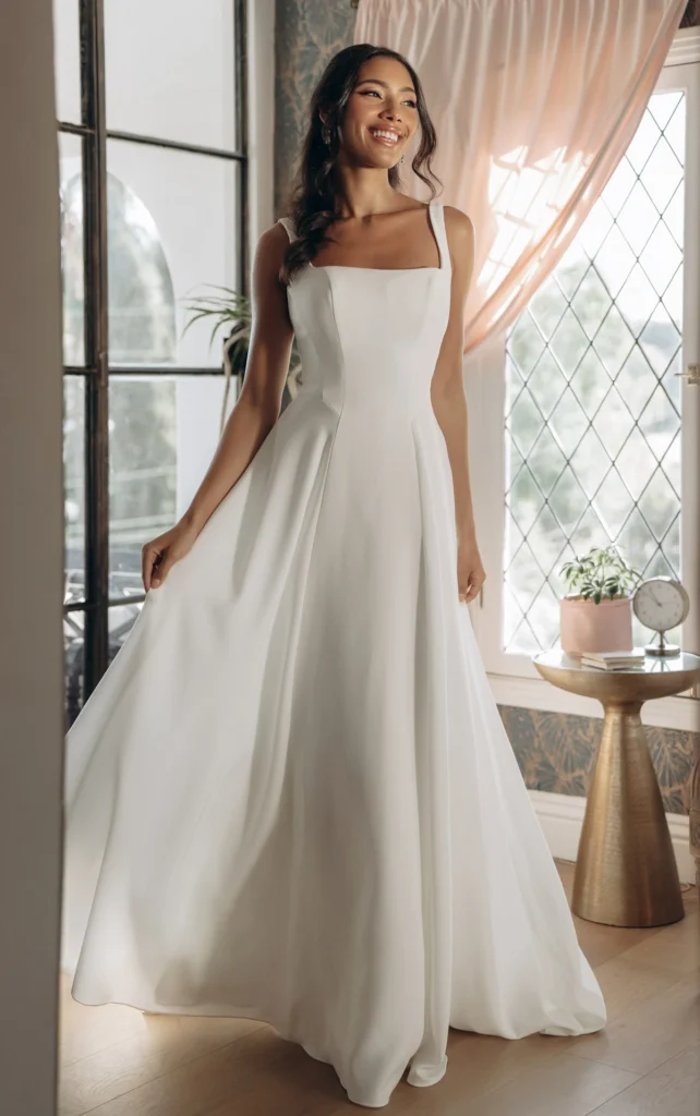 Stella York Style SY8257, a modern crepe A-line wedding dress with a square neckline and fabric-covered buttons, available in plus sizes at Pure Bridal in Edmonton.