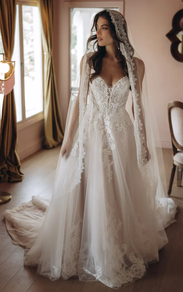 Style SY8293 by Stella York, a romantic floral beaded lace and tulle A-line wedding dress with sweetheart neckline, available with a sheer bodice, and with beaded straps and a matching lace-trimmed veil, available in plus sizes at Pure Bridal boutique in Edmonton.