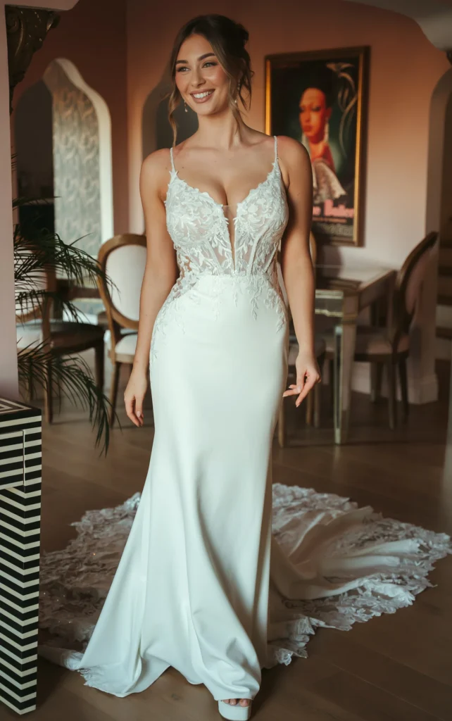 Style SY8340 by Stella York, a modern crepe and lace sheath wedding dress with a plunging illusion neckline, low open back, sheer side cutouts, and a dramatic lace cut-out train, available at Pure Bridal boutique in Edmonton.