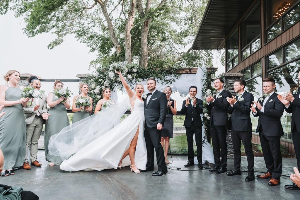 Tatum-Essense of Australia-Pure Bridal, mikado Aline wedding dress, edmonton bridal shop, slit, bridemaids